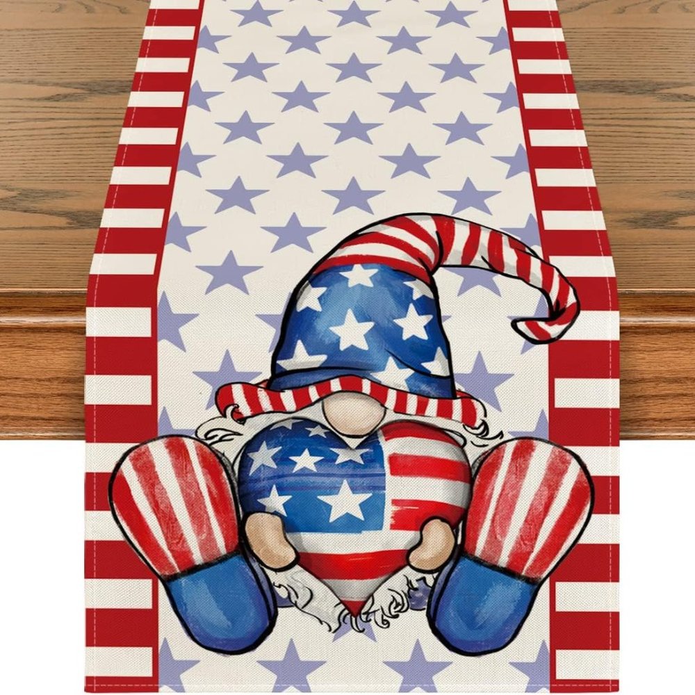 New Stripes Heart Stars Gnome 4th of July USA Patriotic Table Runner, 13" x 72"
